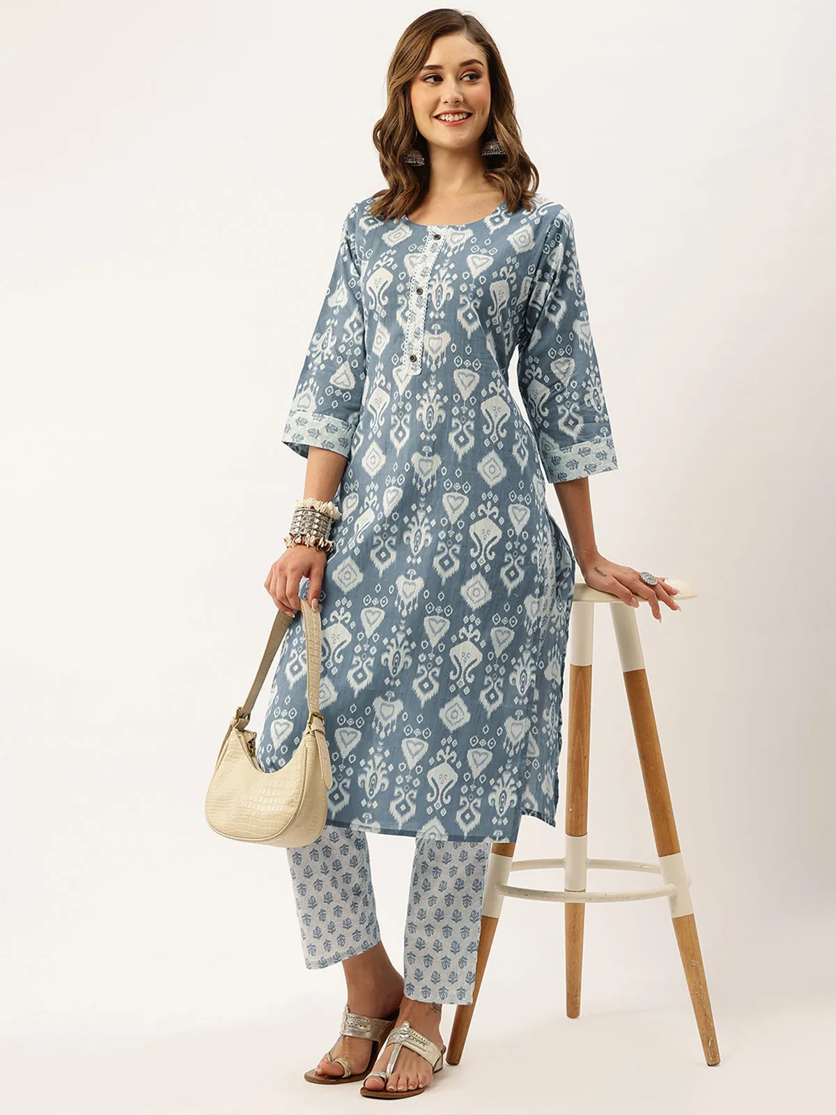 Odette Cotton All Over Ikat Print Blue Straight Stitched Kurta Set For Women