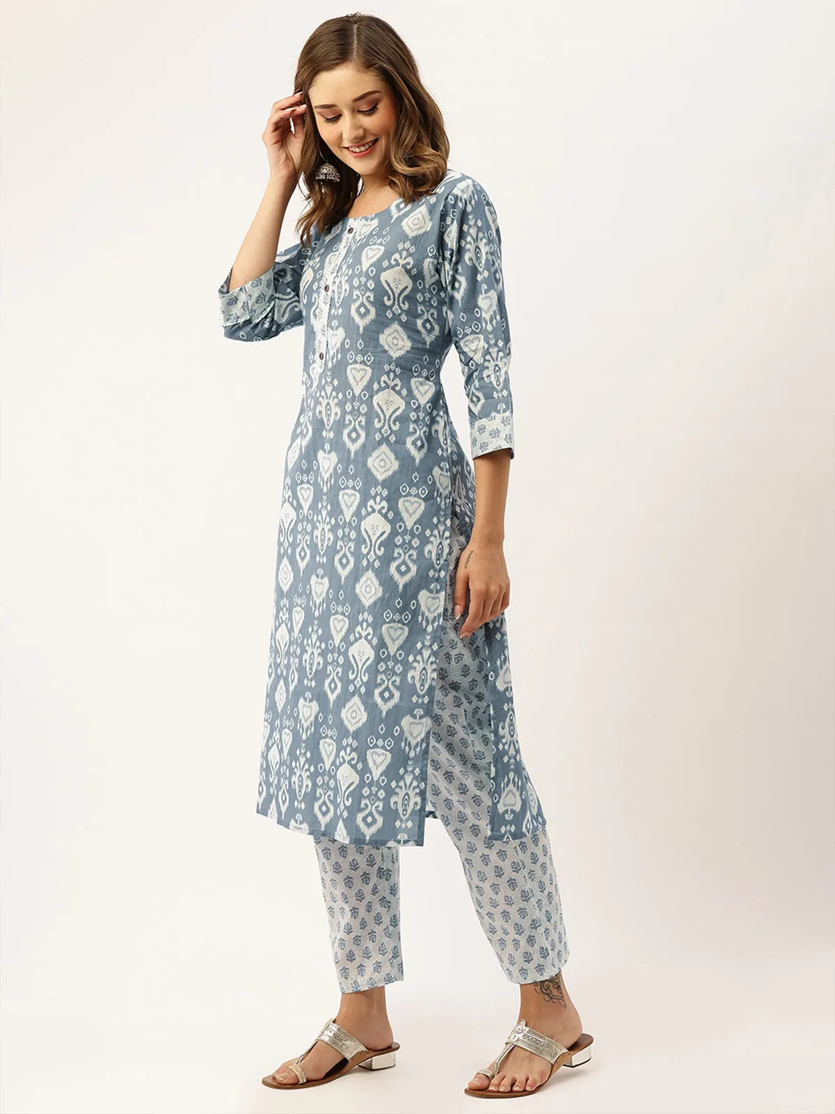 Odette Cotton All Over Ikat Print Blue Straight Stitched Kurta Set For Women