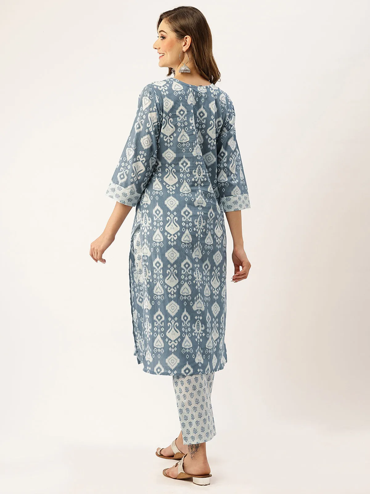 Odette Cotton All Over Ikat Print Blue Straight Stitched Kurta Set For Women