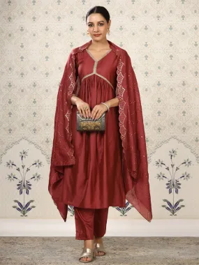 Odette Maroon Cotton Front Yoke Gathered Stitched Kurta Set For Women