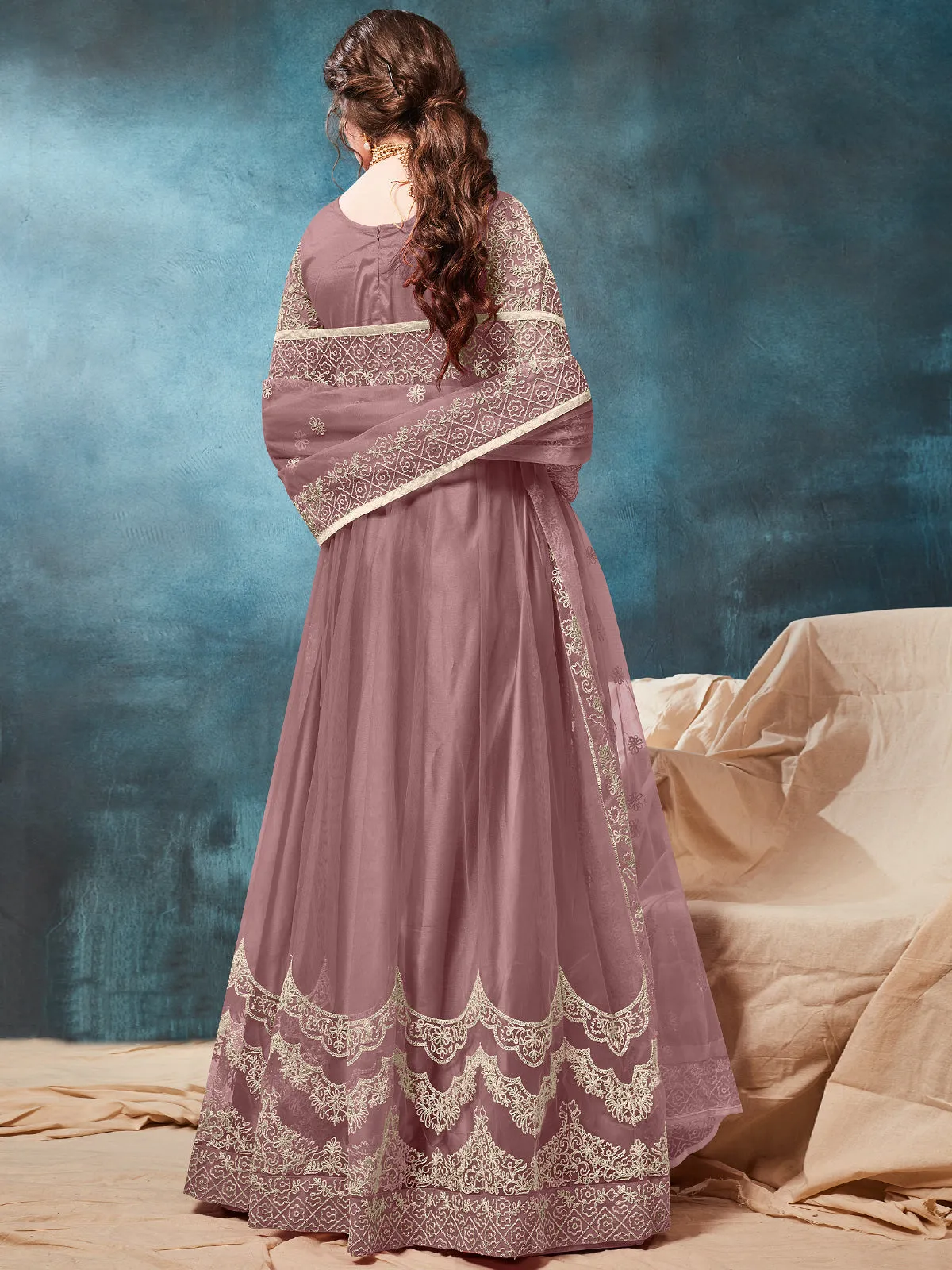 Odette Mauve Net Embroidered Semi stitched Kurta Set with Inner For Women