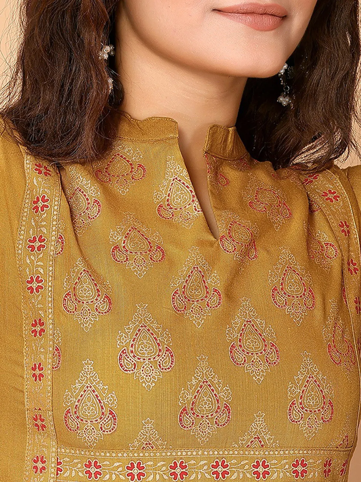 Odette Mustard Cotton Blend Printed A Line Kurta Set For Women