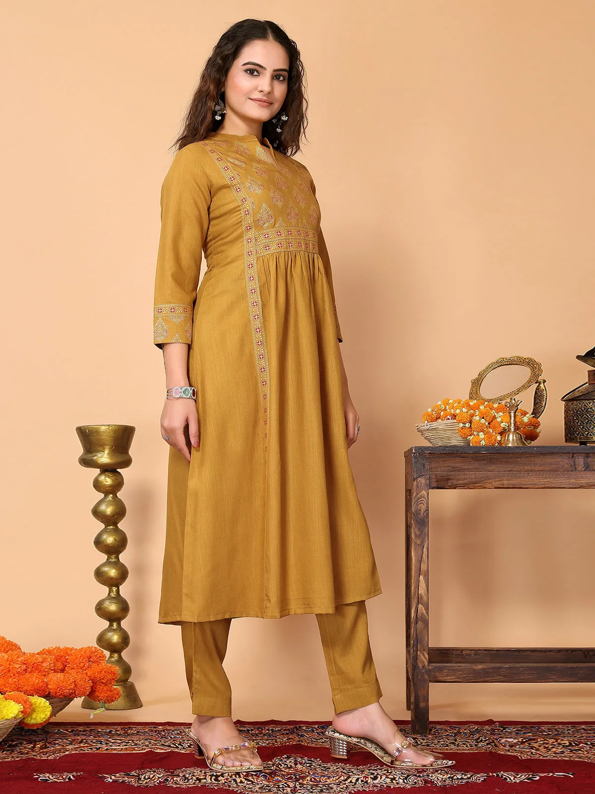 Odette Mustard Cotton Blend Printed A Line Kurta Set For Women