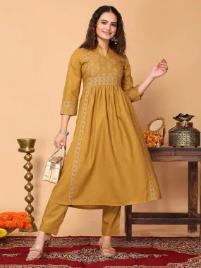 Odette Mustard Cotton Blend Printed A Line Kurta Set For Women