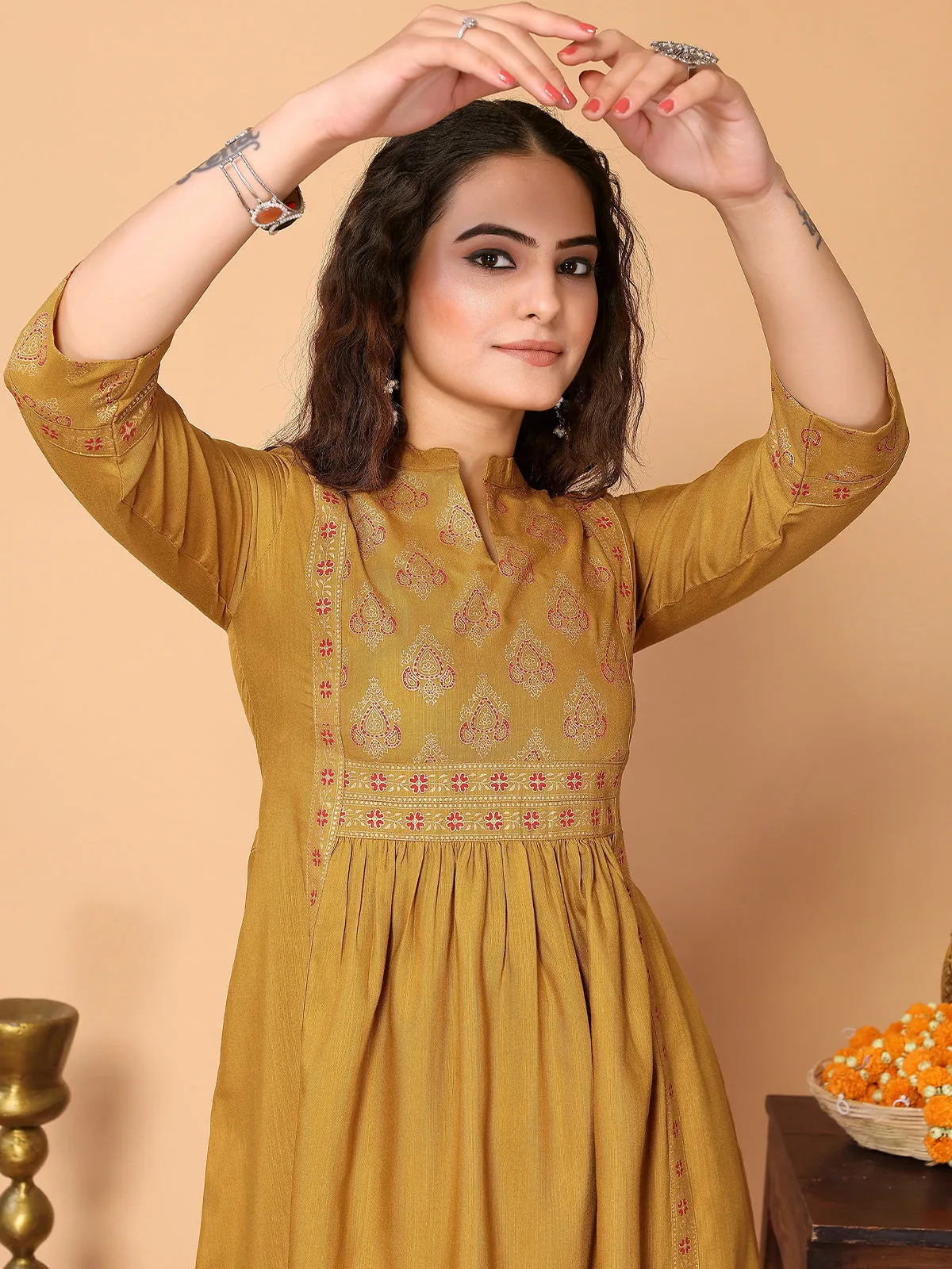 Odette Mustard Cotton Blend Printed A Line Kurta Set For Women