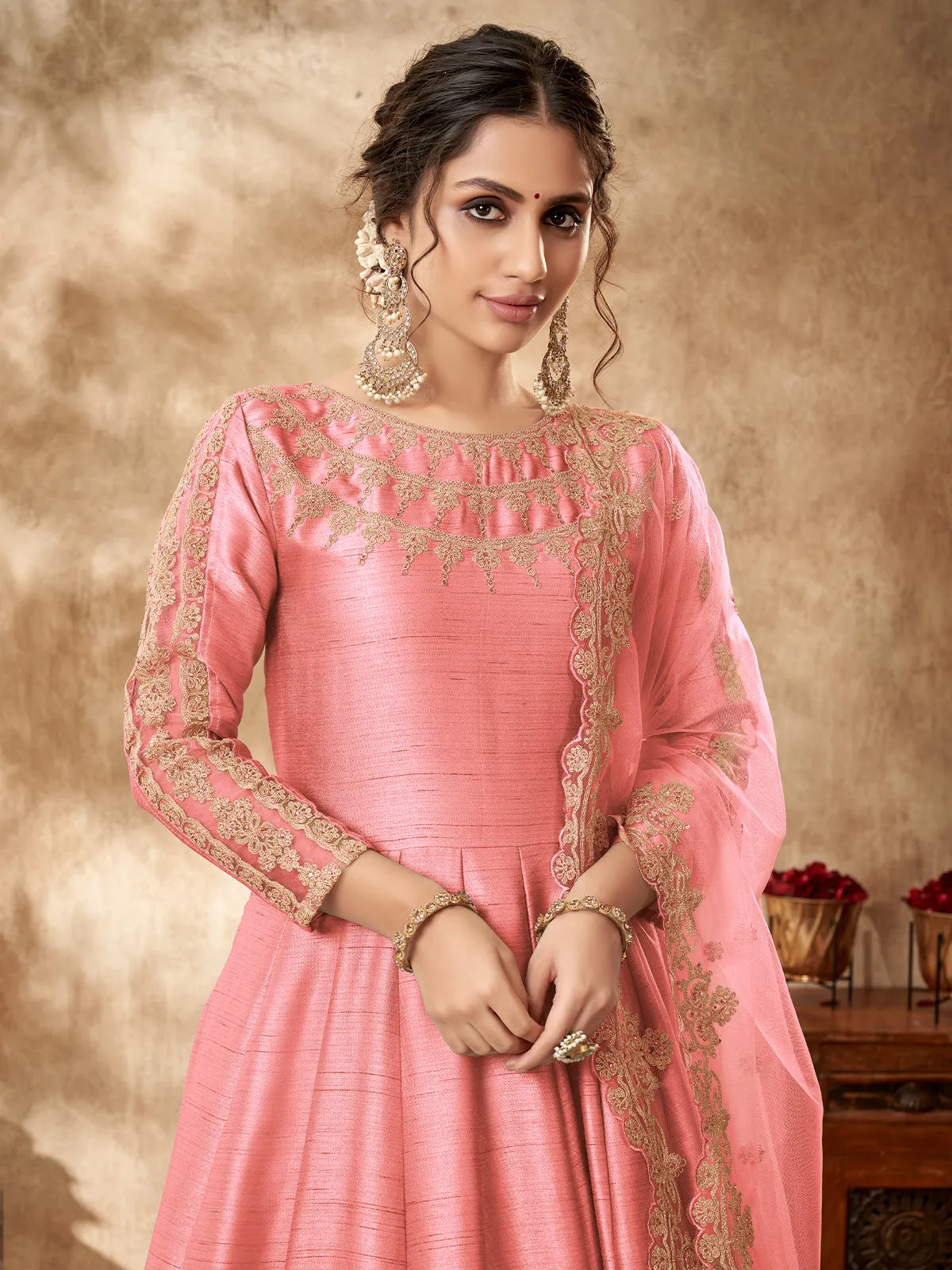 Odette Pink Silk Embroidered Semi stitched Kurta Set For Women