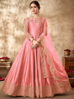 Odette Pink Silk Embroidered Semi stitched Kurta Set For Women