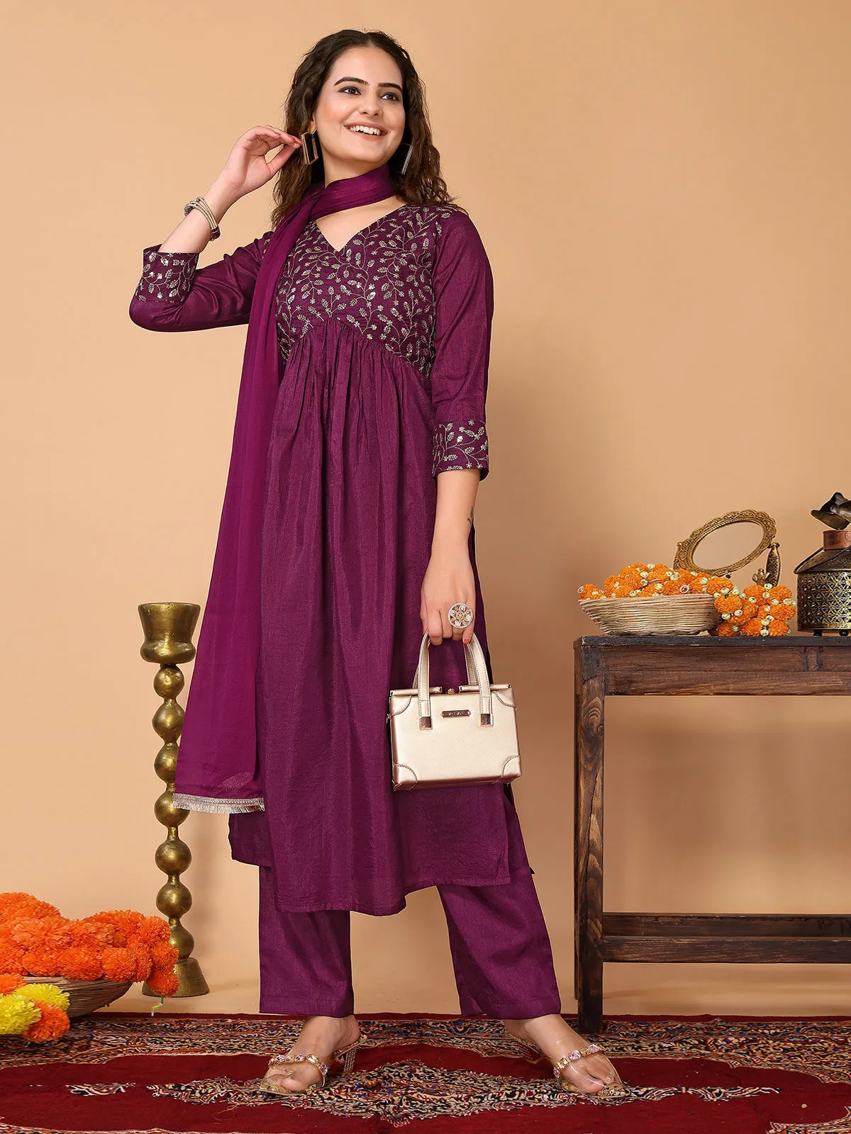 Odette Purple Silk Blend Embroidered Stitched Kurta set for Women