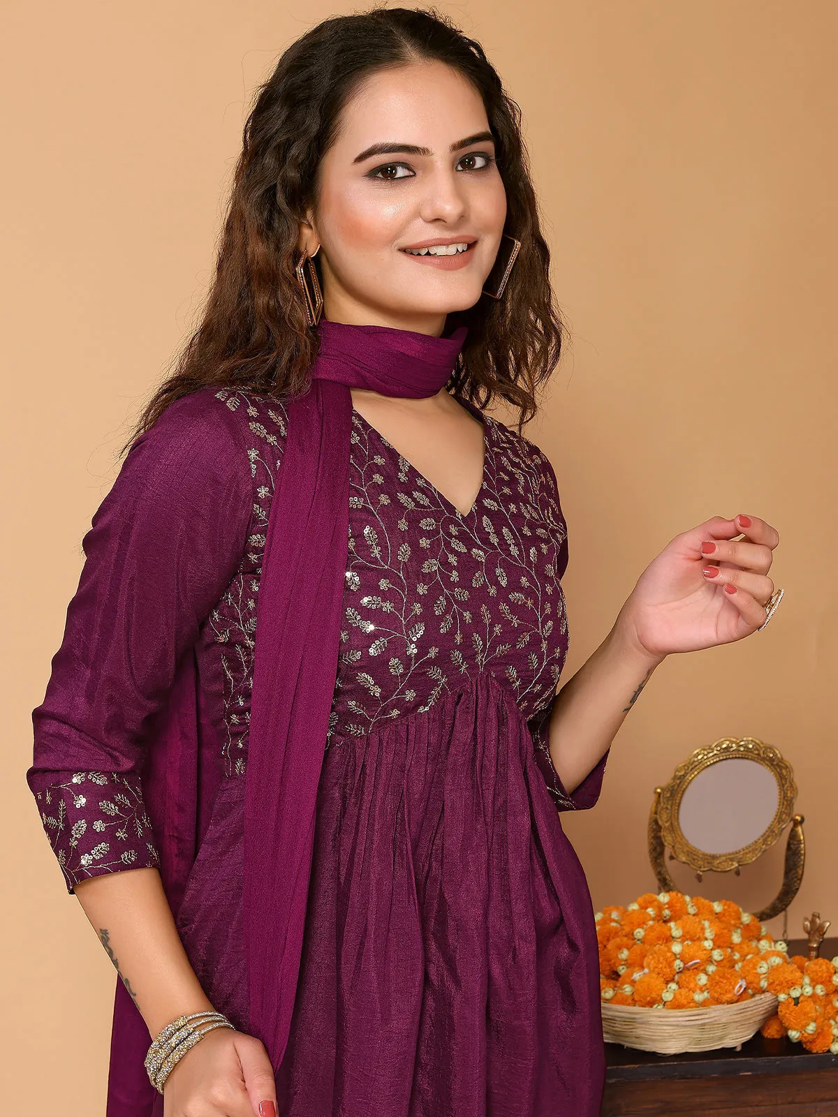 Odette Purple Silk Blend Embroidered Stitched Kurta set for Women