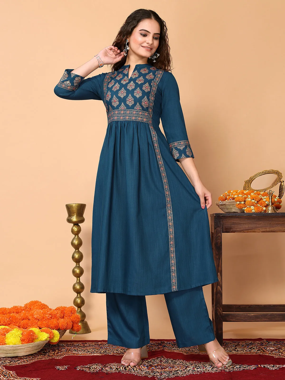 Odette Teal Cotton Blend Printed A Line Kurta Set For Women