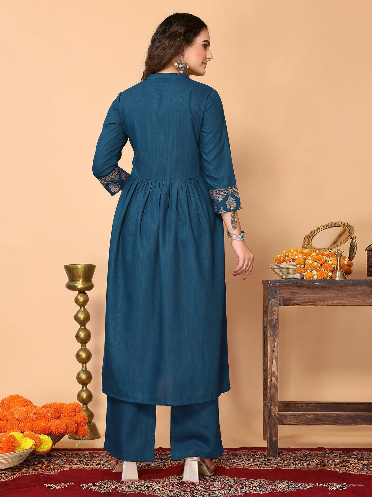 Odette Teal Cotton Blend Printed A Line Kurta Set For Women