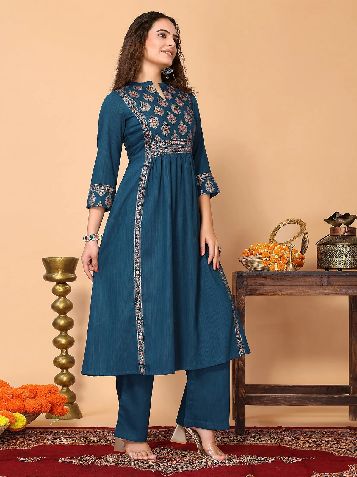 Odette Teal Cotton Blend Printed A Line Kurta Set For Women