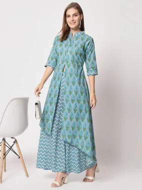 Odette Women Beautiful Blue Cotton Printed Stitched Kurta Set