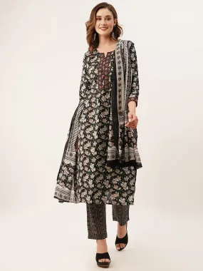 Odette Women Black Printed Cotton Stitched Kurta Set