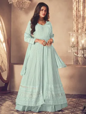 Odette Women Blue Faux Georgette Semi Stitched Kurta Set