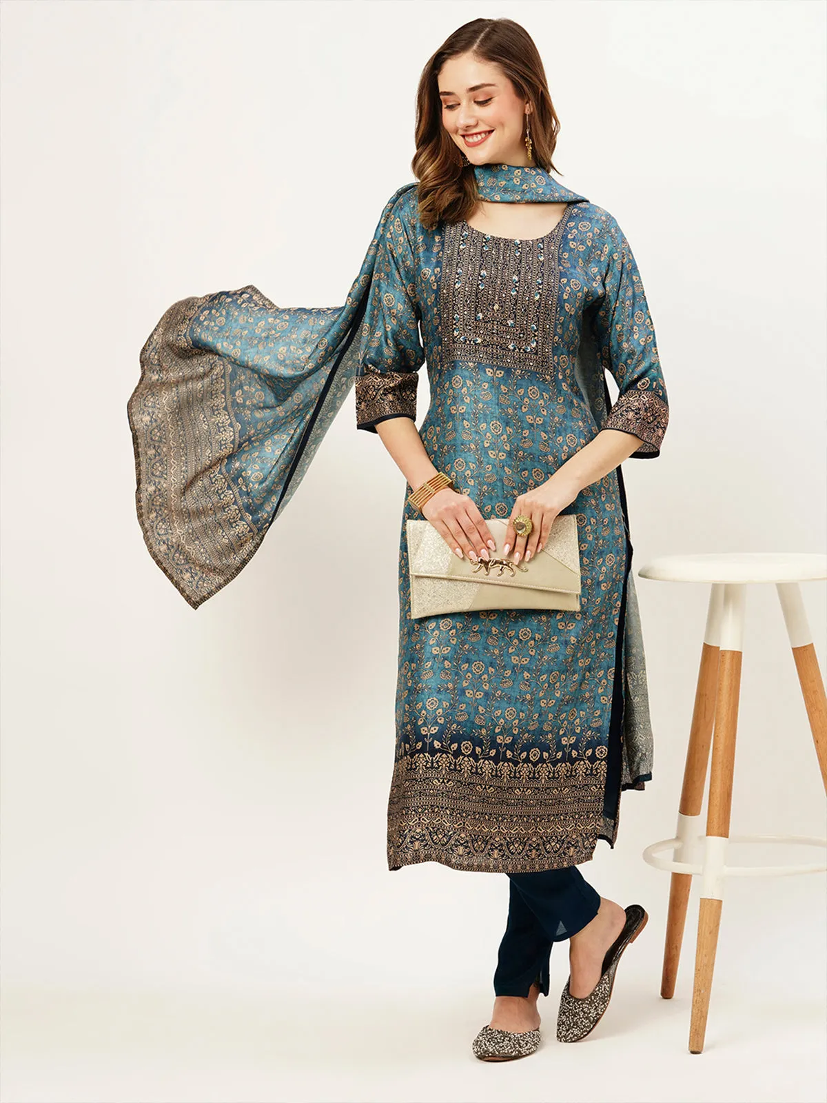 Odette Women Blue Printed Silk Stitched Kurta Set