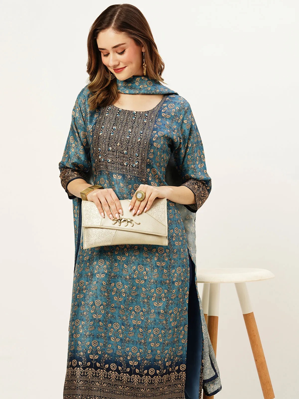 Odette Women Blue Printed Silk Stitched Kurta Set