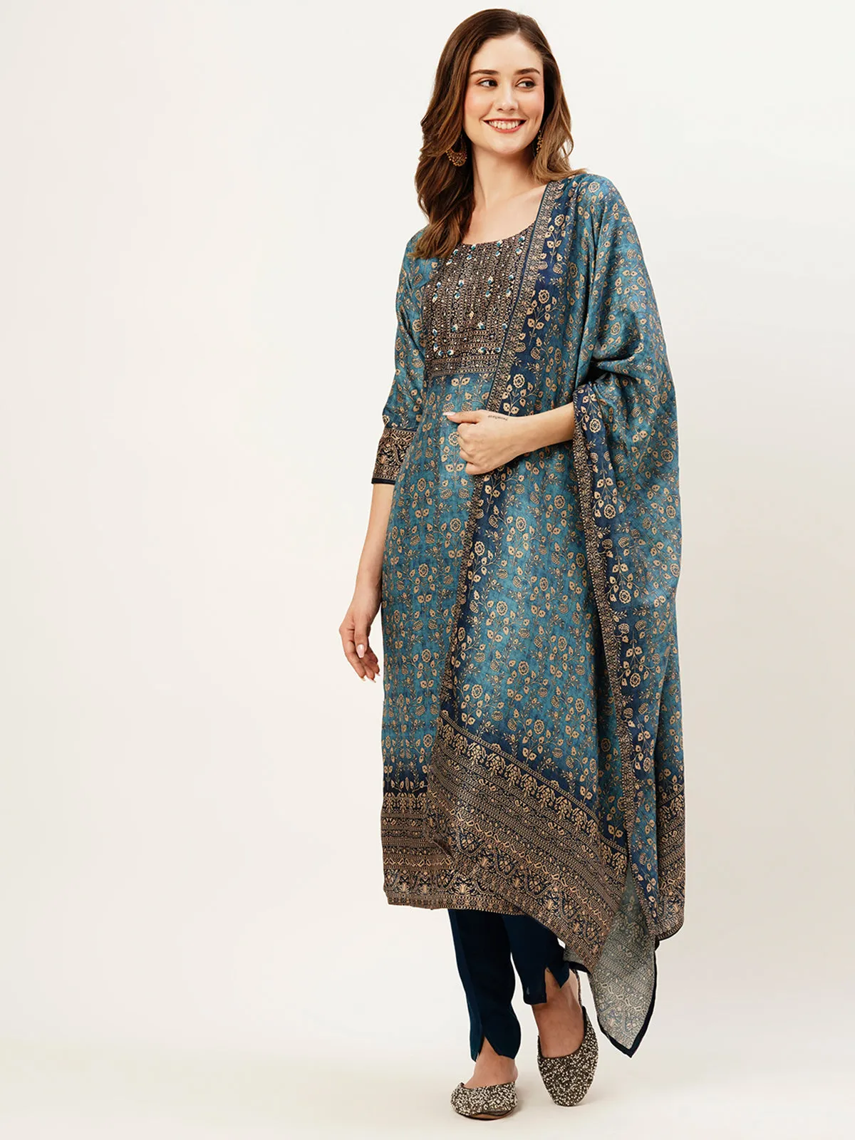 Odette Women Blue Printed Silk Stitched Kurta Set