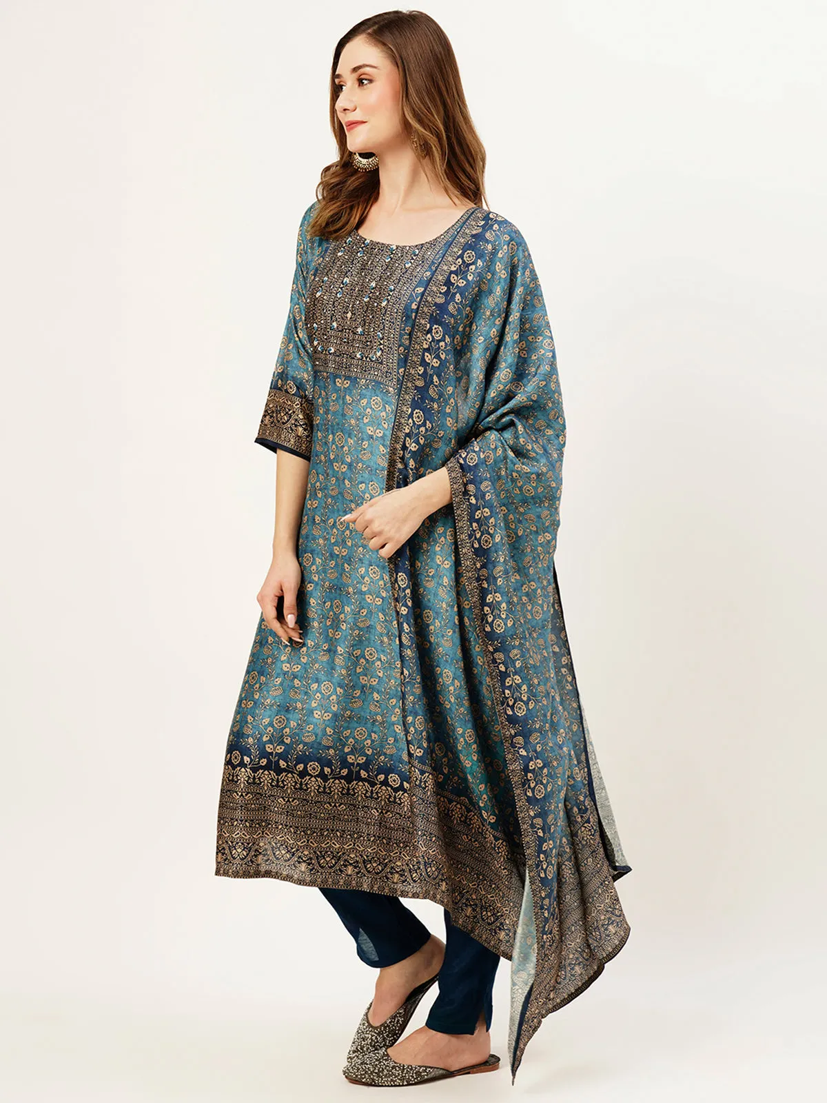 Odette Women Blue Printed Silk Stitched Kurta Set