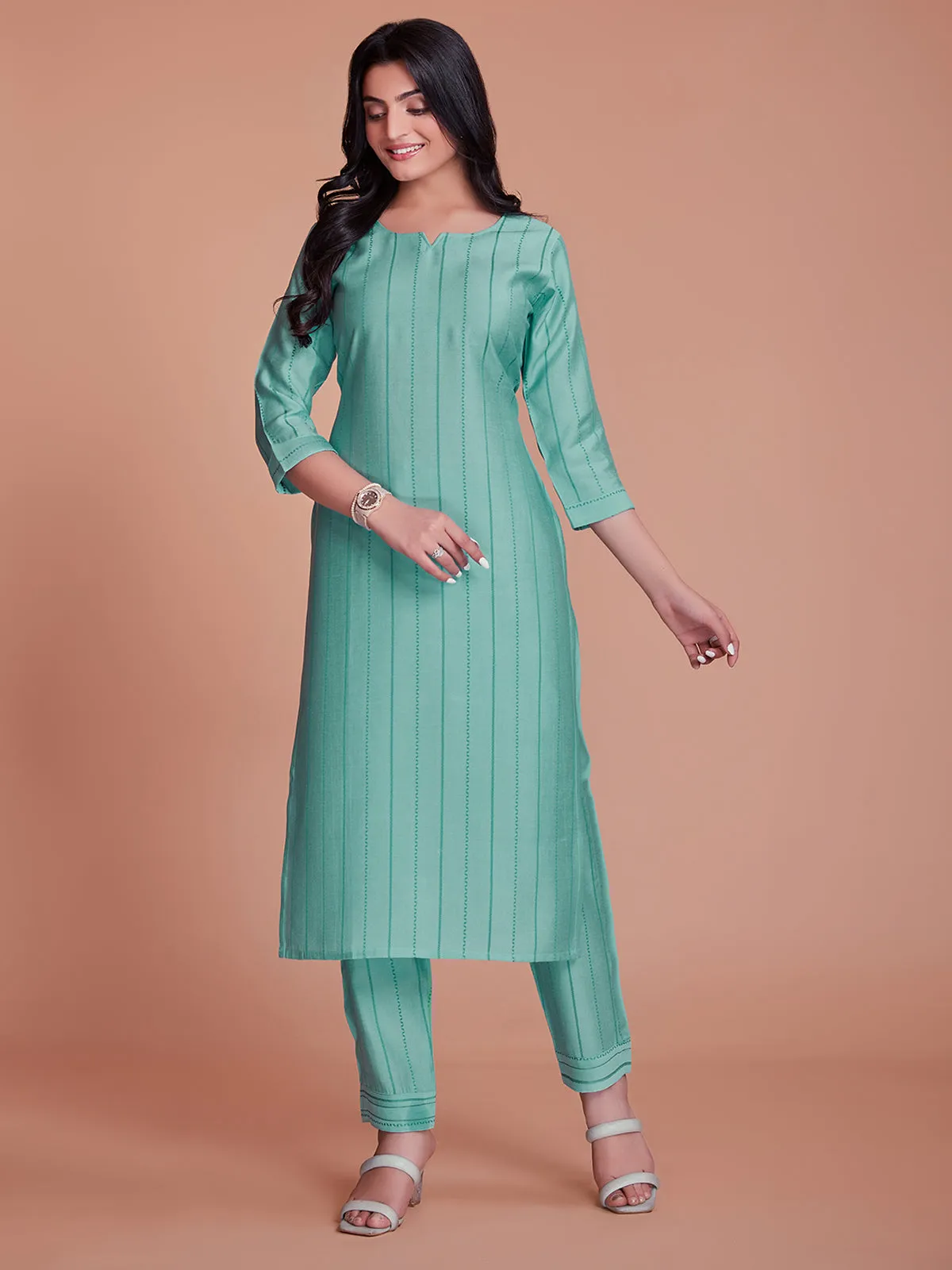 Odette Women Blue Woven Stitched Kurta Set