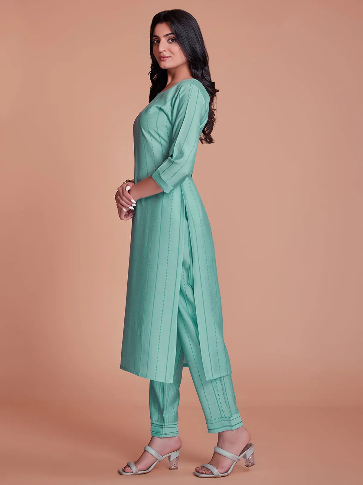 Odette Women Blue Woven Stitched Kurta Set