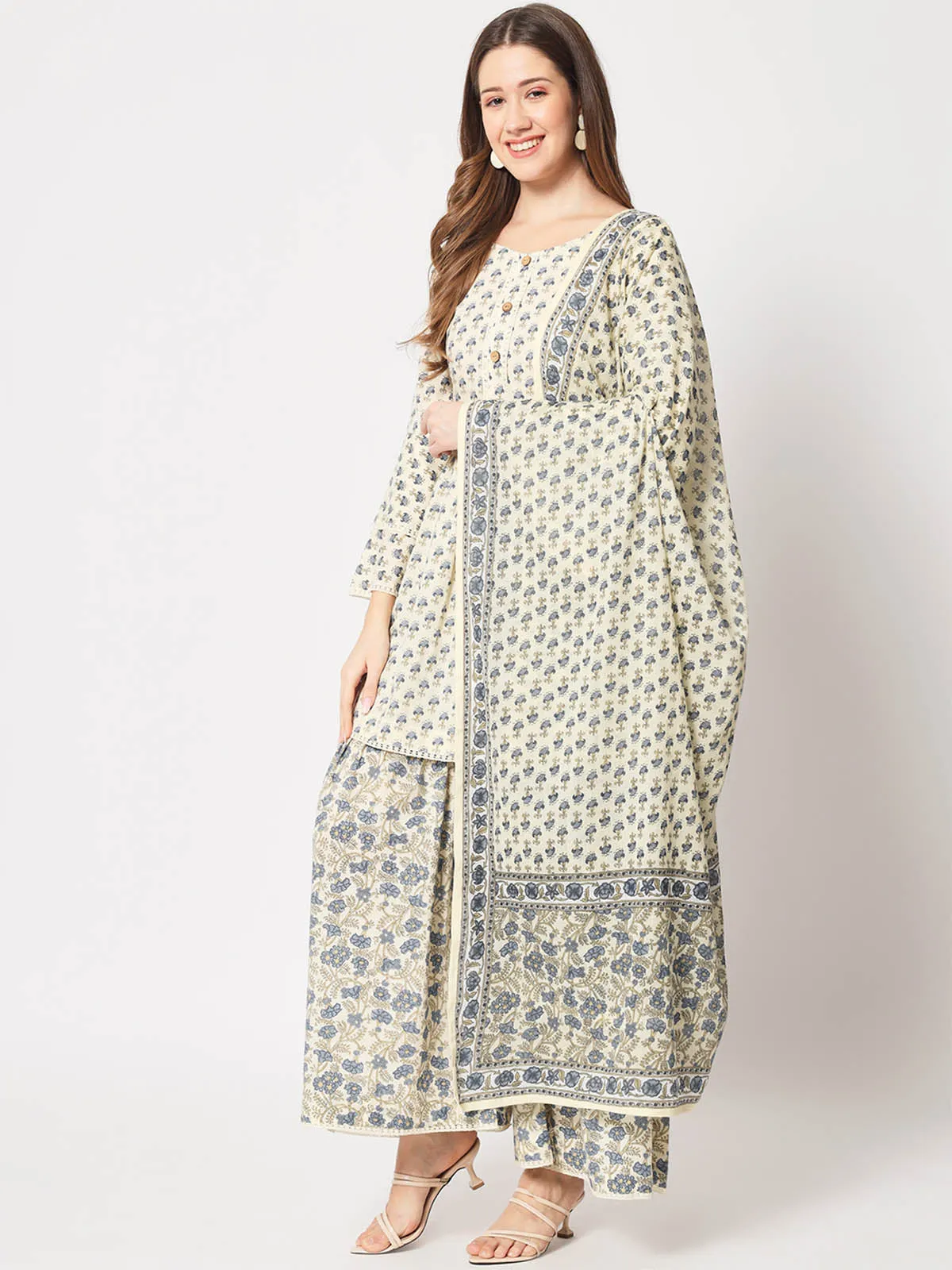 Odette Women Classic Beige And Blue Cotton Printed Stitched Kurta Set