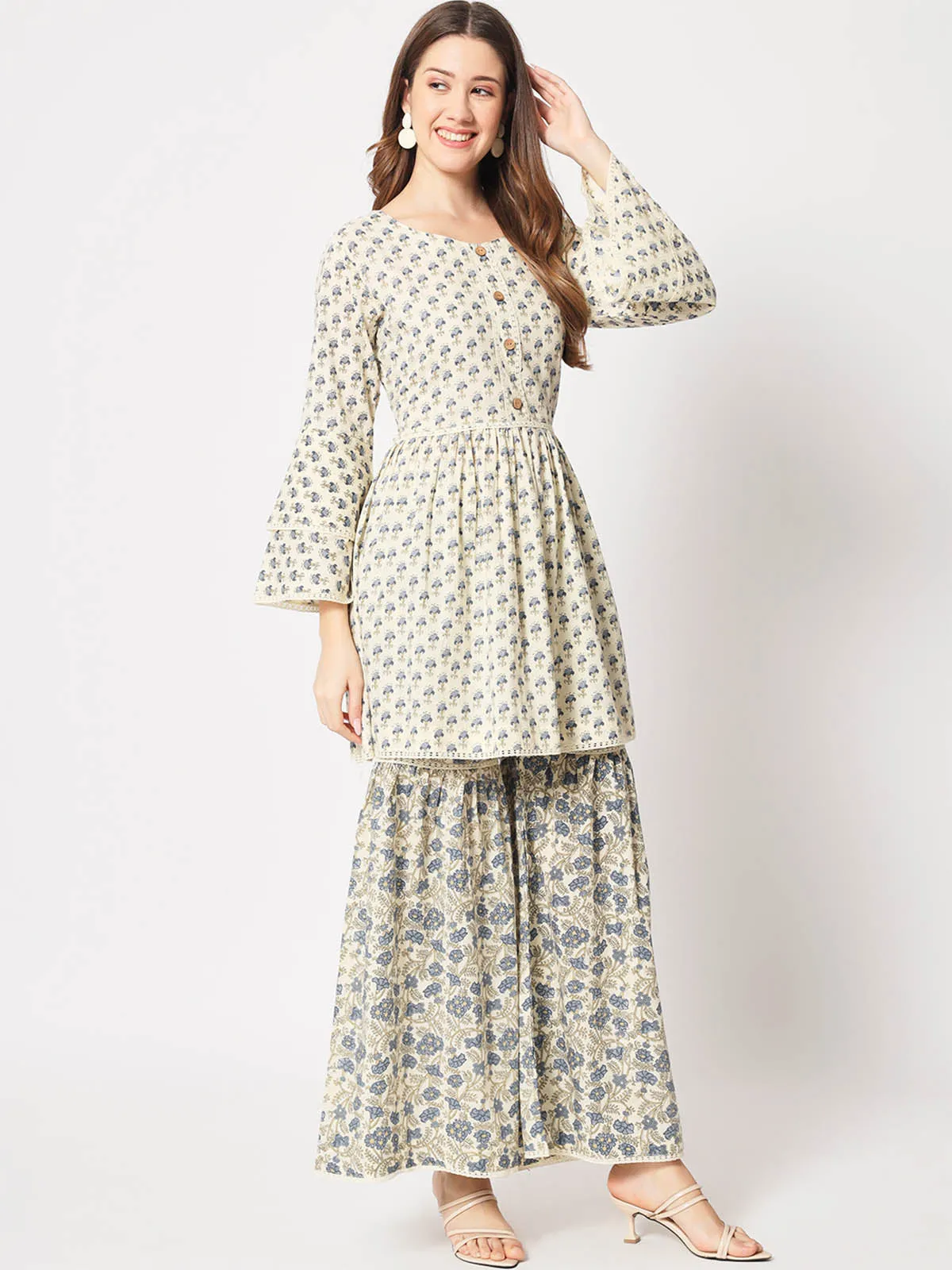 Odette Women Classic Beige And Blue Cotton Printed Stitched Kurta Set