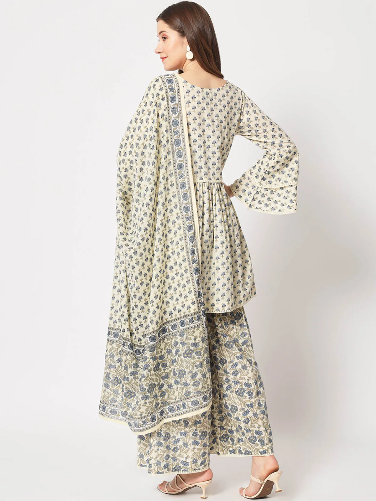 Odette Women Classic Beige And Blue Cotton Printed Stitched Kurta Set