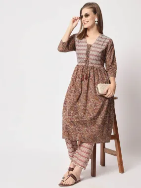 Odette Women Classic Brown Cotton Printed Stitched Kurta Set