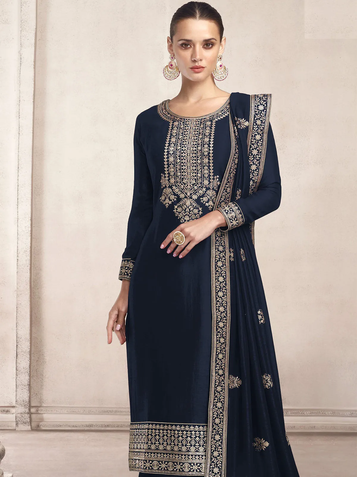 Odette Women Dark Blue Dola Silk Semi Stitched Kurta Set