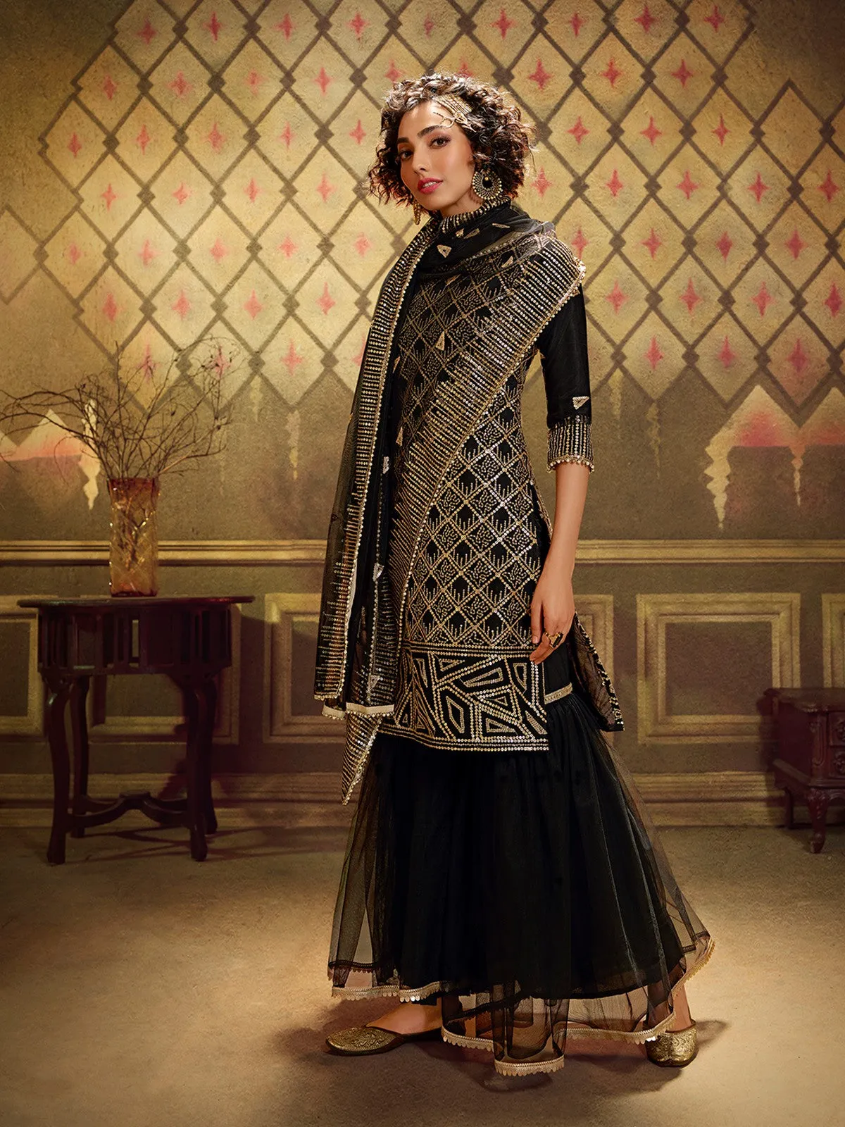 Odette Women Gorgeous Black Semi Stitched Kurta Set