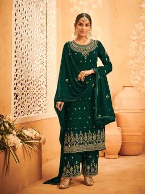 Odette Women Green Embroidered Georgette Semi Stitched Kurta Set