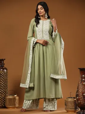 Odette Women Green Partywear Embroidered Faux Georgette Semi Stitched Palazzo Suit