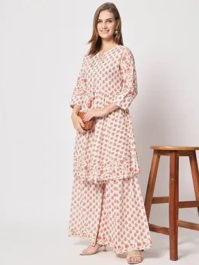 Odette Women Modern Pink Cotton Printed Stitched Kurta Set