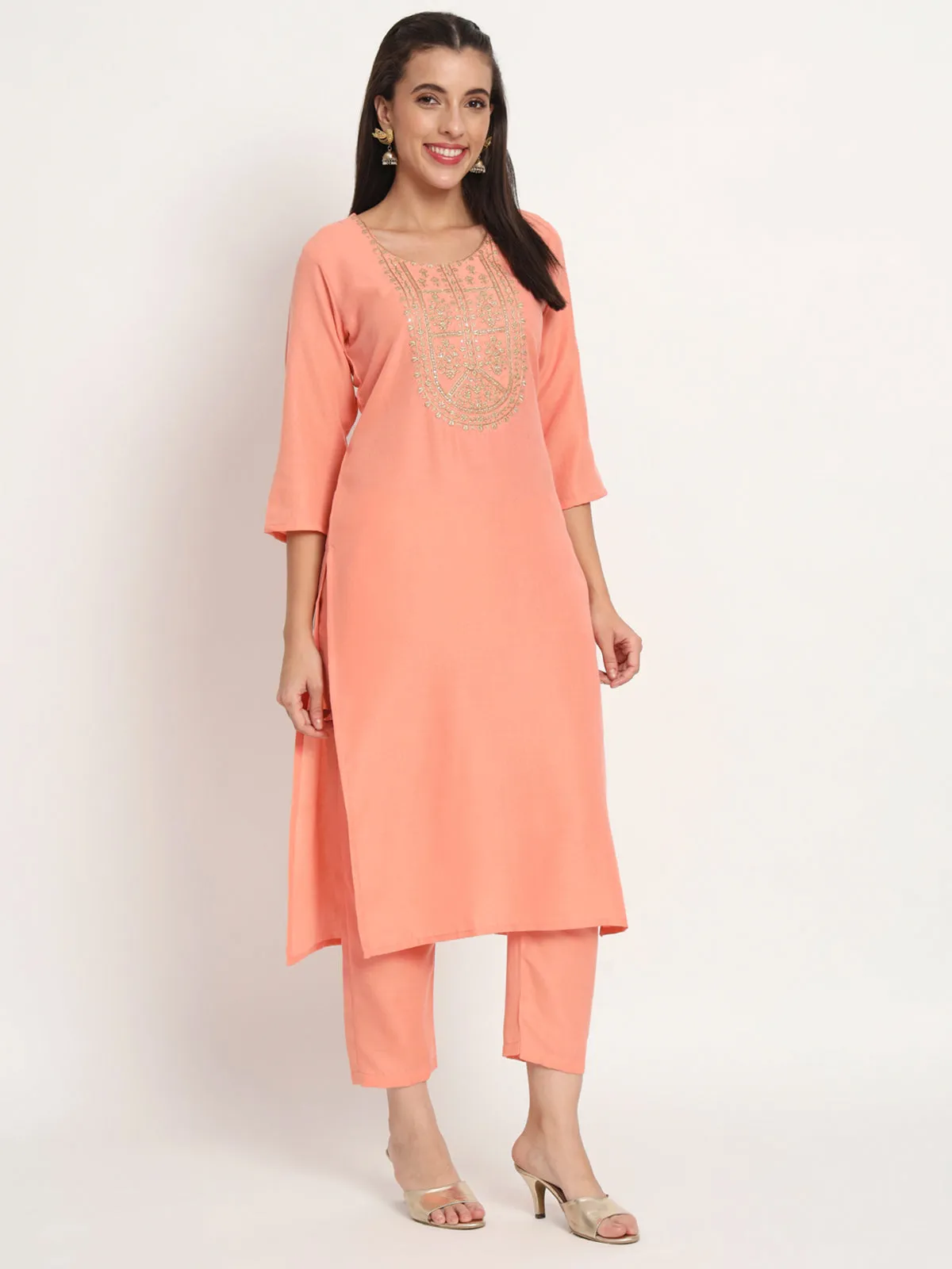 Odette Women Peach Cotton Blend Embroidered Stitched Kurta Set