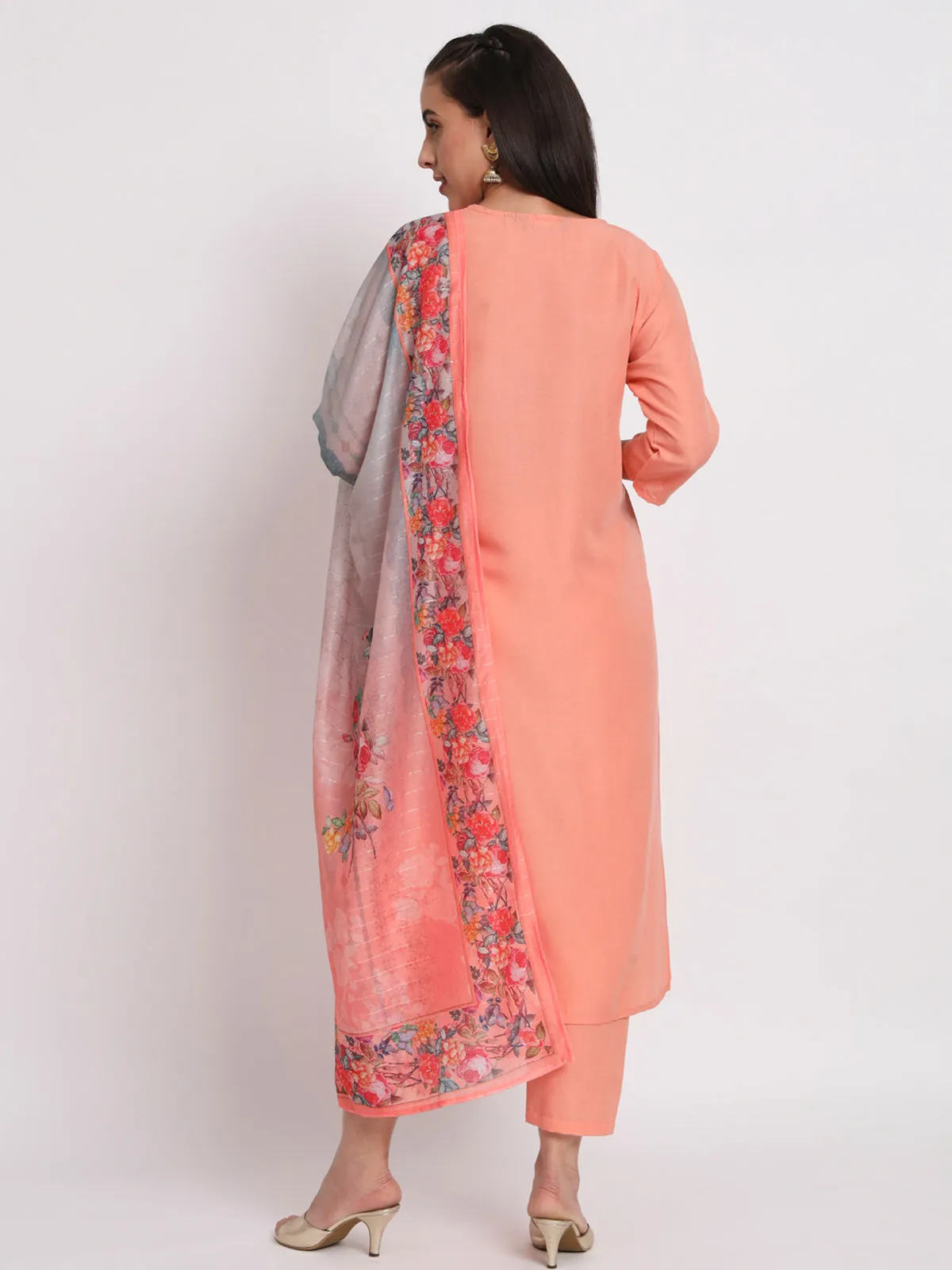 Odette Women Peach Cotton Blend Embroidered Stitched Kurta Set