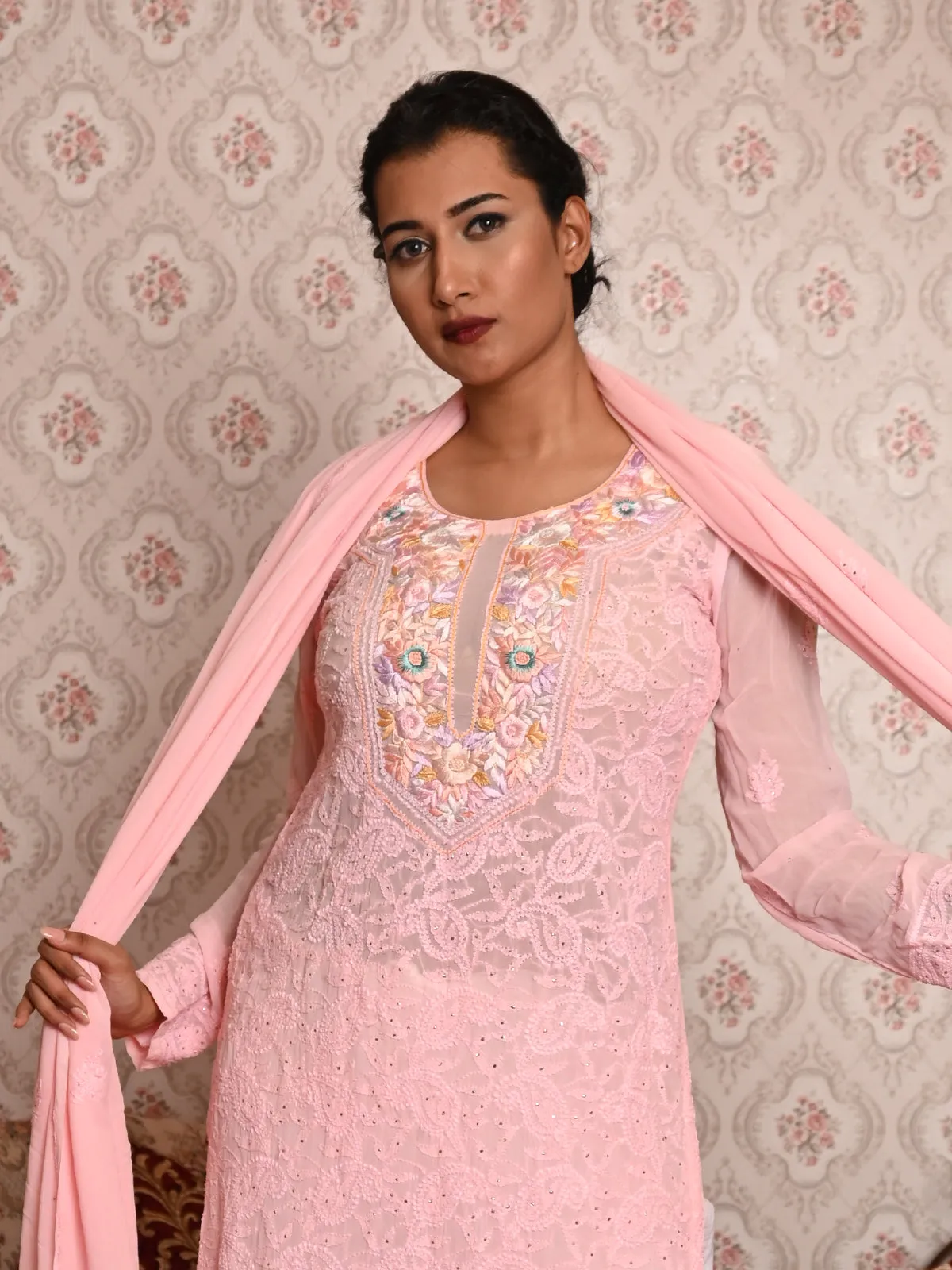 Odette Women Pink Georgette Chikankari Mukaish Work Embroidered Unstitched Kurta Set