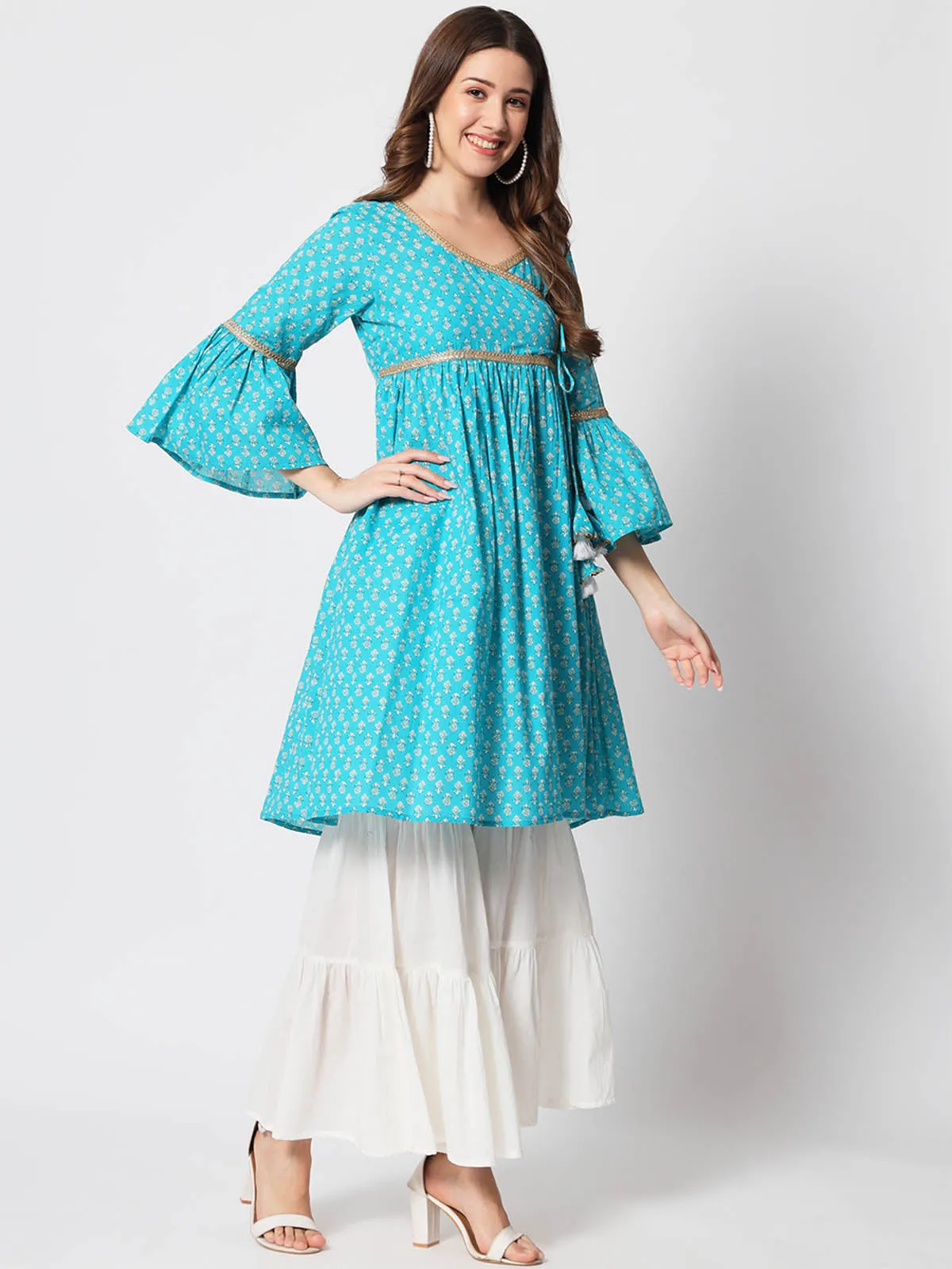 Odette Women Pretty Blue Cotton Printed Stitched Kurta Set