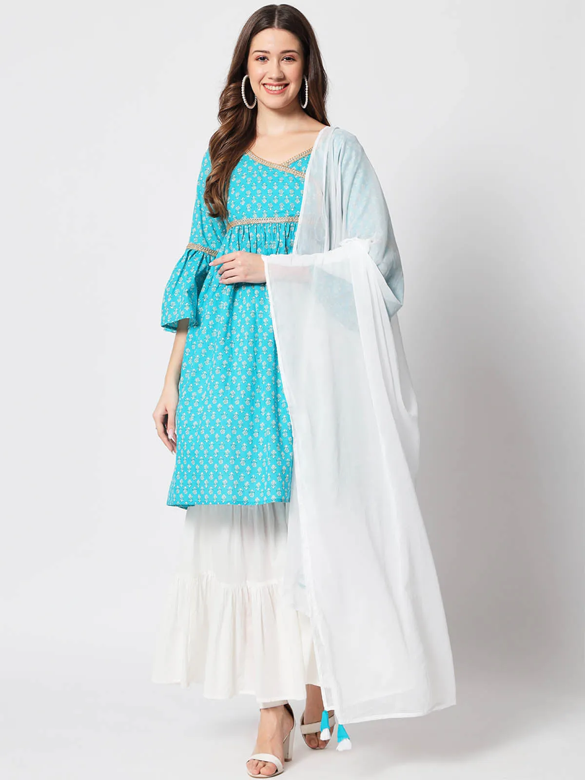 Odette Women Pretty Blue Cotton Printed Stitched Kurta Set