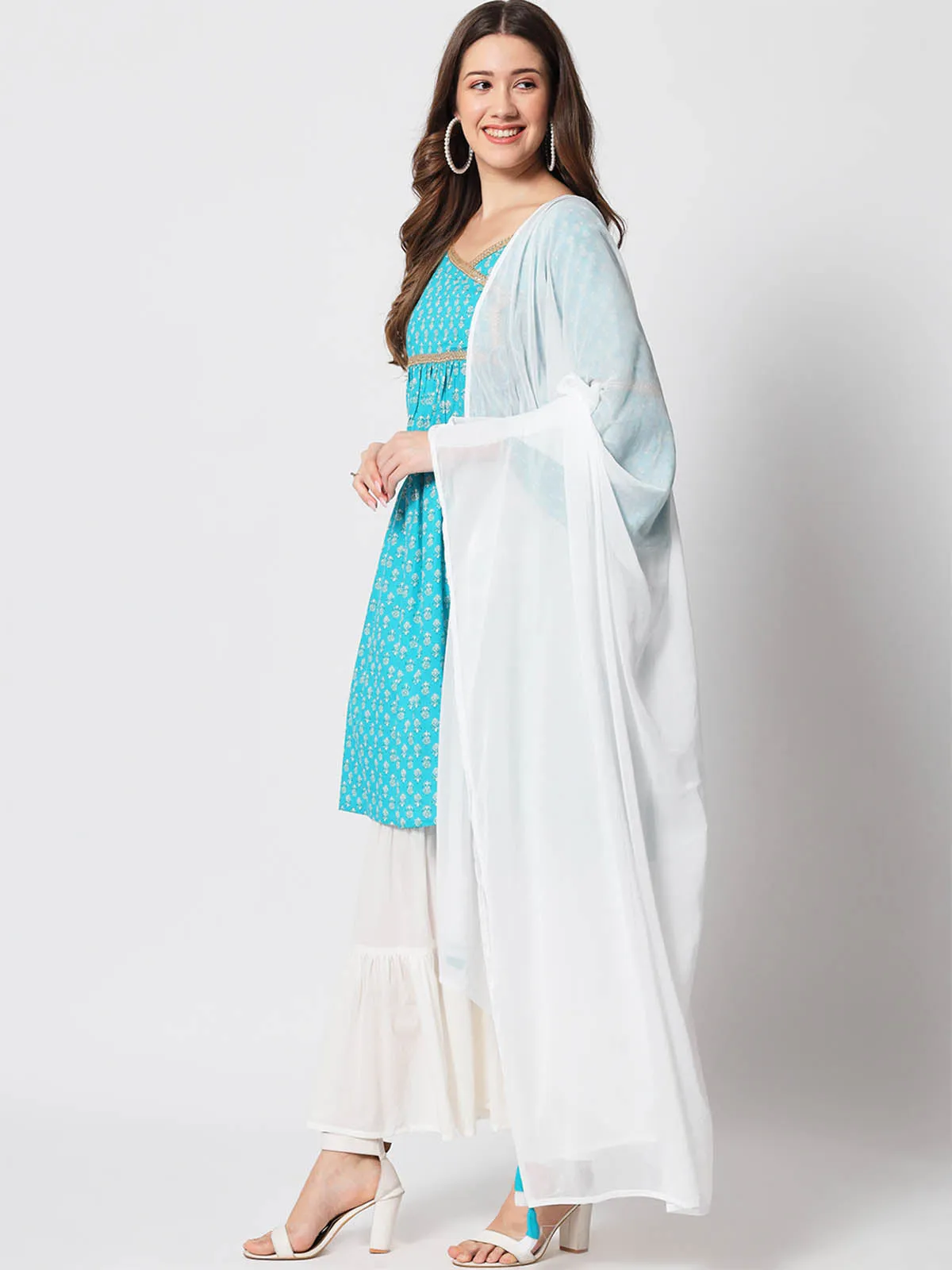 Odette Women Pretty Blue Cotton Printed Stitched Kurta Set