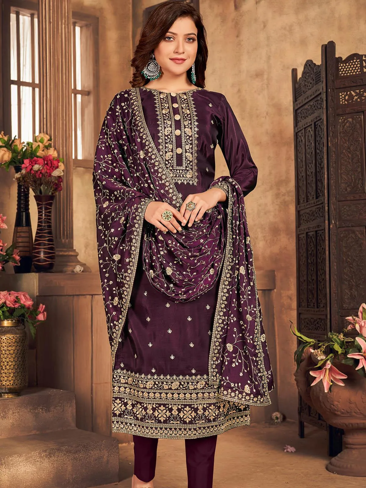 Odette Women Wine Viscose Semi Stitched Salwar Suit