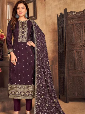 Odette Women Wine Viscose Semi Stitched Salwar Suit