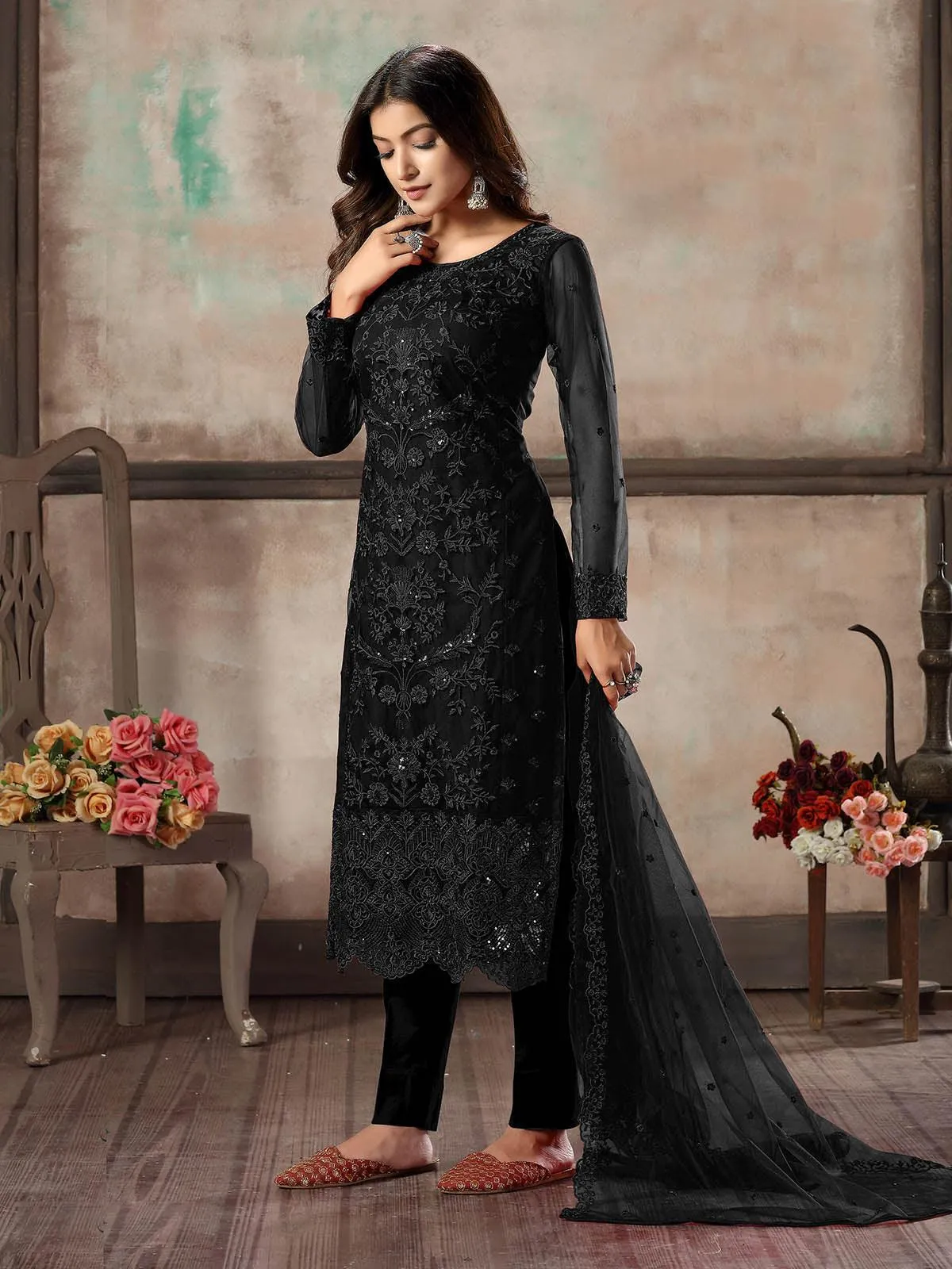 Odette Women Women Black Net Semi Stitched Salwar Suit