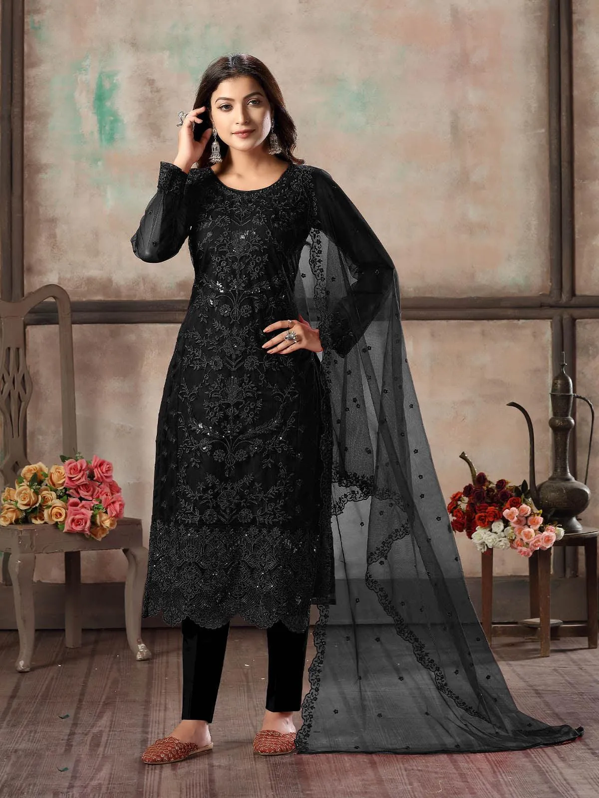 Odette Women Women Black Net Semi Stitched Salwar Suit