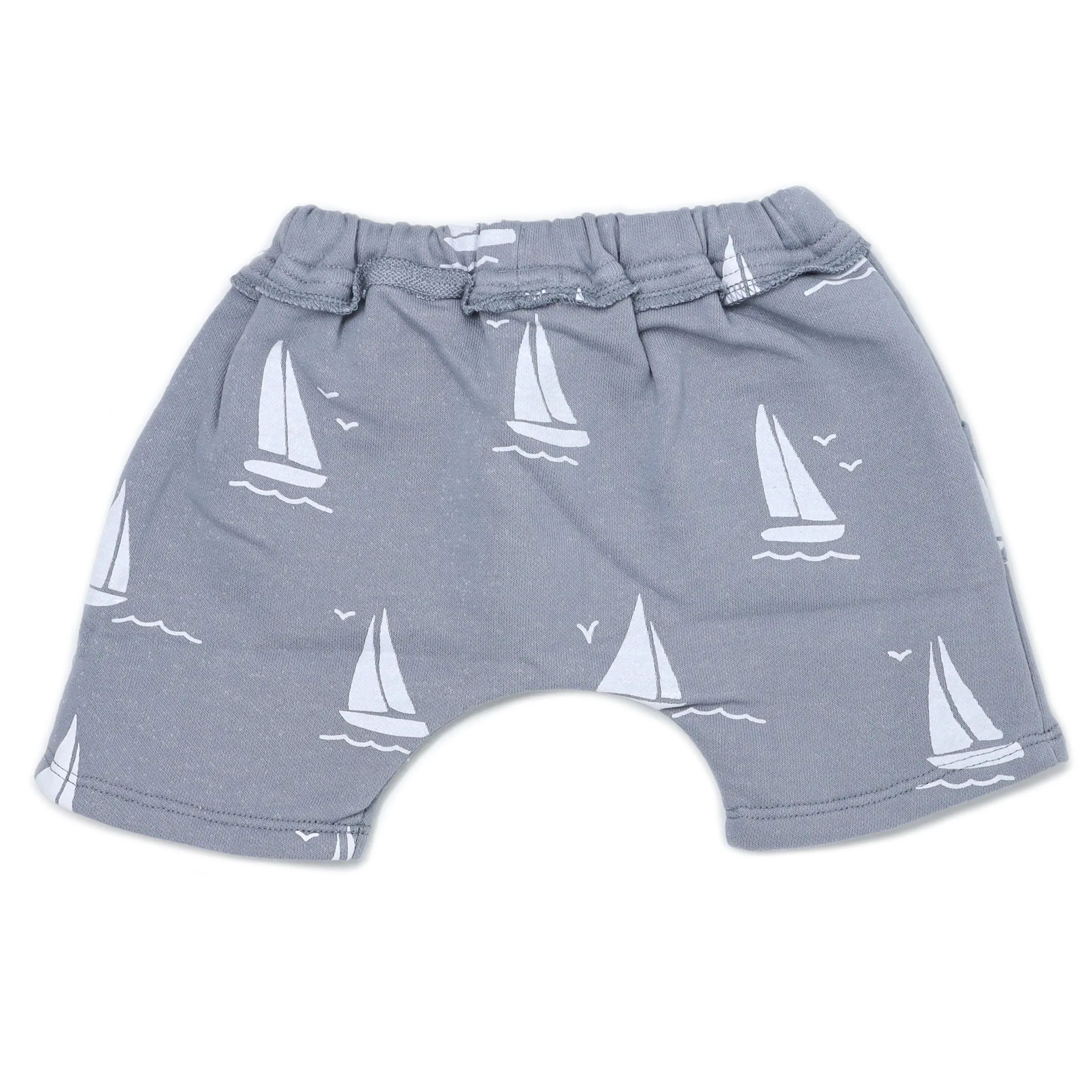 oh baby! Cotton French Terry Pocket Shorts - Sailboat Print - Fog