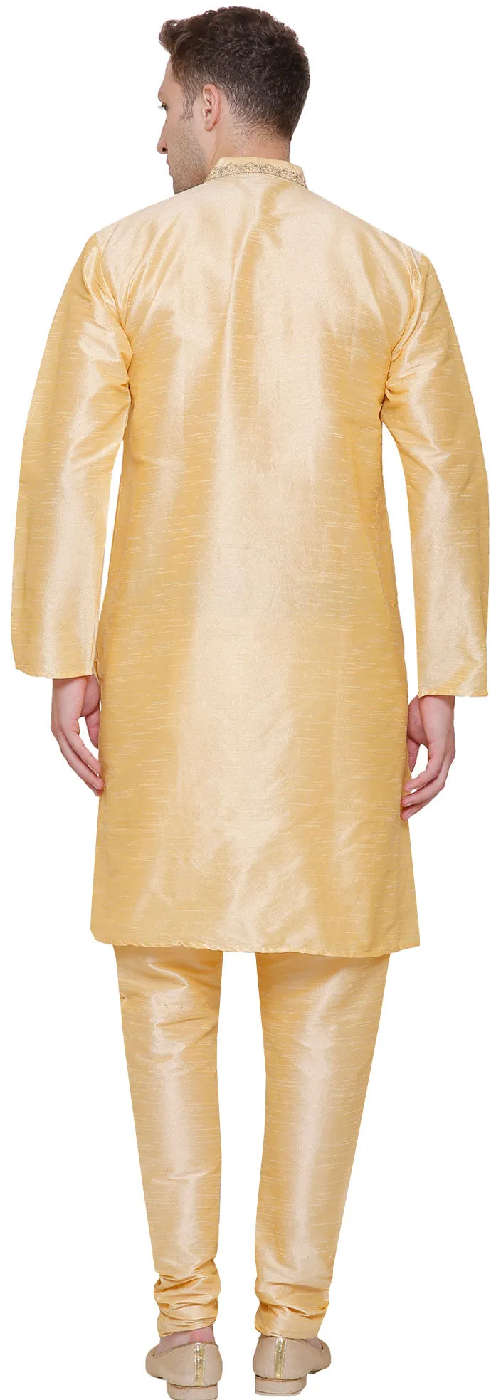 Party Wear Dupion Silk Mens Kurta Pajama India Clothing (Golden)