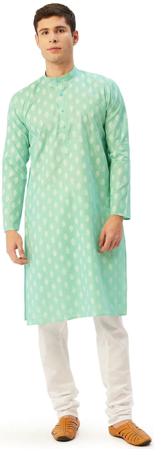 Printed Casual Wear Men's Cotton Kurta Pyjama India Apparel (Green)