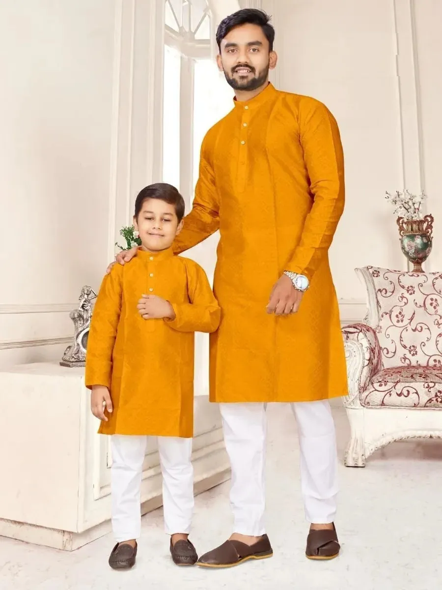 Silk Jacquard Kurta with Pajamas Set for Kids - Yellow