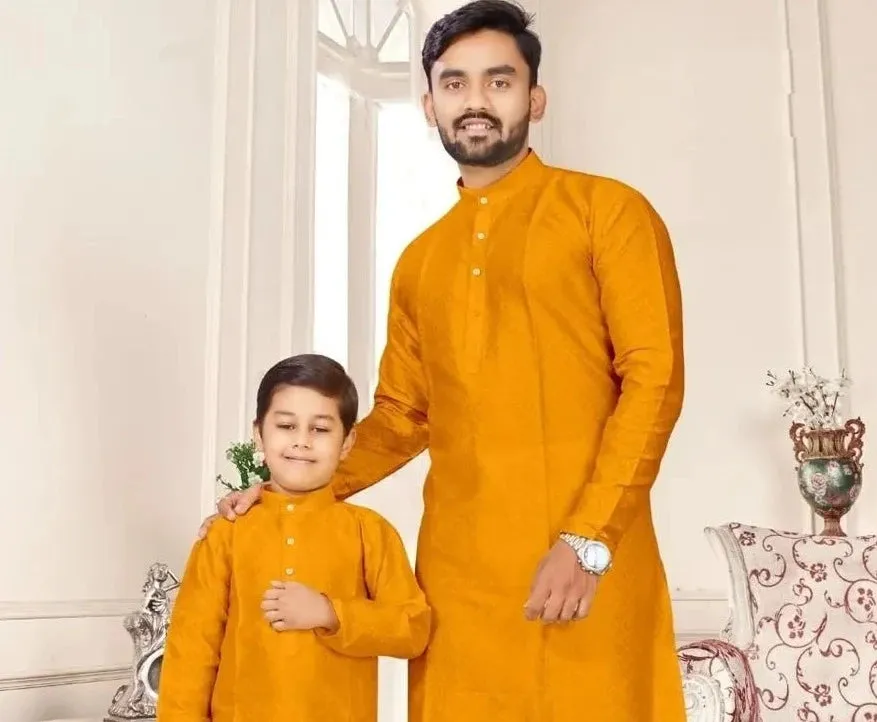 Silk Jacquard Kurta with Pajamas Set for Kids - Yellow