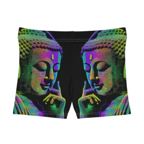 Subtle Buddha Smiling Wearing Headphone - Women's Shorts (AOP) - for Activewear or Yogawear